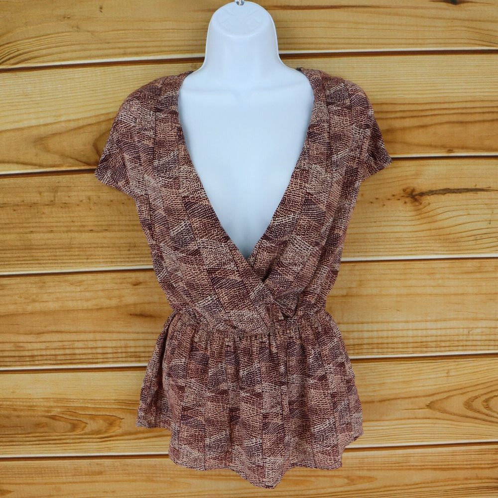 Mossimo Blouson Top Scoop Neck Womens Sz XL Brown Geometric 100% Poly Cap Sleeve